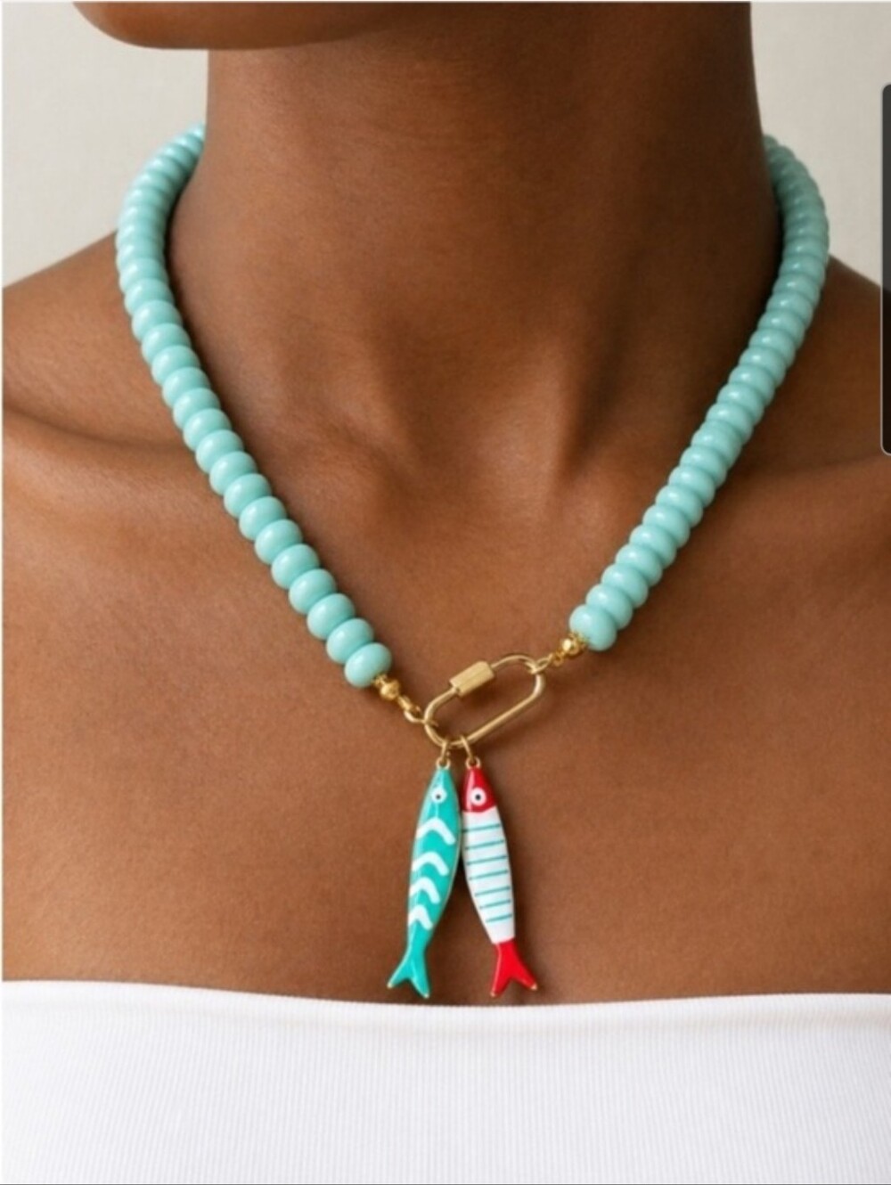 Turquoise Beaded Necklace with Red & Teal Fish Charms